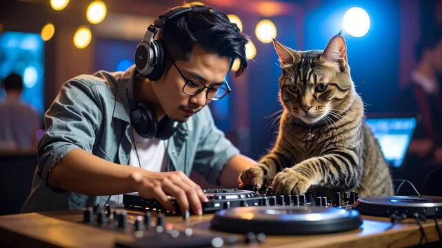 Young man with headphones and glasses mixes music on DJ controller with a cat