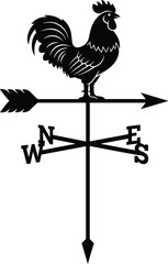 Minimal vector silhouette of a rooster weathervane with directional arrows (W, E) and an arrow pointing forward, solid black, isolated on a white background. © Saruf