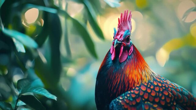 Close-up of a vibrant rooster amidst lush green foliage. Focus on colorful plumage and comb