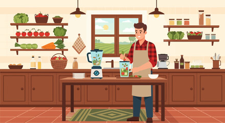 Fototapeta premium Man Cooking in Modern Kitchen with Blender and Ingredients