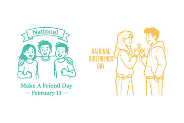 National Make a Friend Day and National Girlfriends Day Illustration Set
