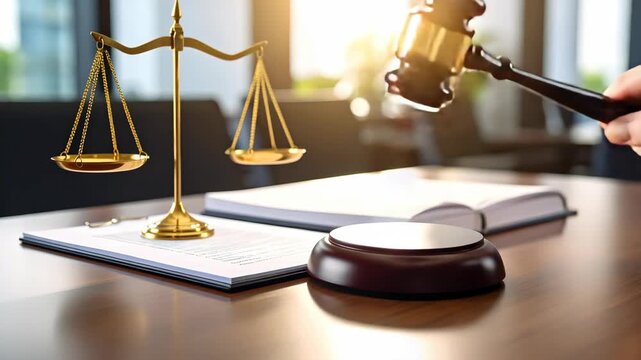 Legal concept with scales of justice, gavel, and open book on a desk