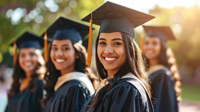 Young women in graduation gowns and caps smiling outdoors in sunlight
