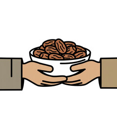Illustration of someone giving a bowl of dates to break the fast. Isolated on a white background.