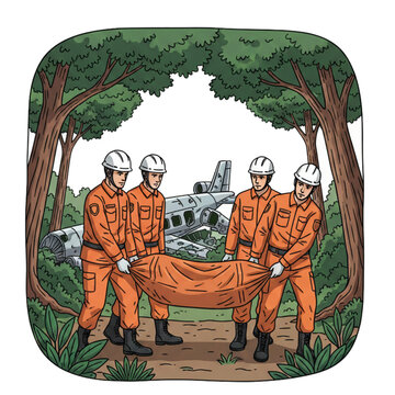 Illustration of a search and rescue team carrying body bags of victims of a plane crash in the forest.
