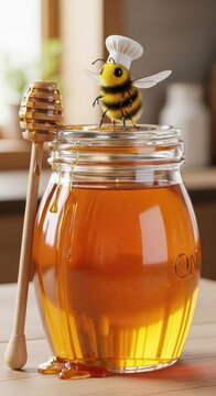 Cute cartoonish bee wearing a chef's hat stands atop a jar of dripping golden syrup beside a wooden dipper.