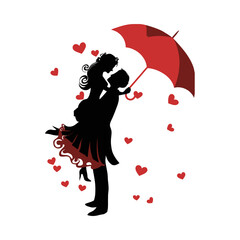 girl and boy with umbrella and heart love moment silhpuette