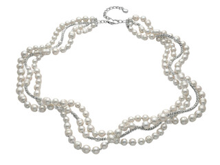 Elegant pearl necklace with multiple strands of white pearls isolated on transparent background