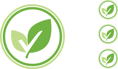 Obraz premium Simple green circular icon featuring two stylized leaves with a checkmark indicating organic natural quality or approved certification symbol set against a white background