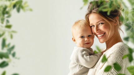 Naklejka premium Happy young mother holding her cute baby in a bright and airy environment with green leaves.