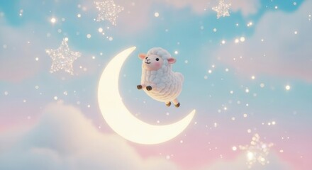 Obraz premium Adorable fluffy creature enjoys a playful ride on a glowing crescent moon surrounded by sparkling celestial elements