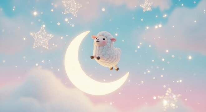Adorable fluffy creature enjoys a playful ride on a glowing crescent moon surrounded by sparkling celestial elements