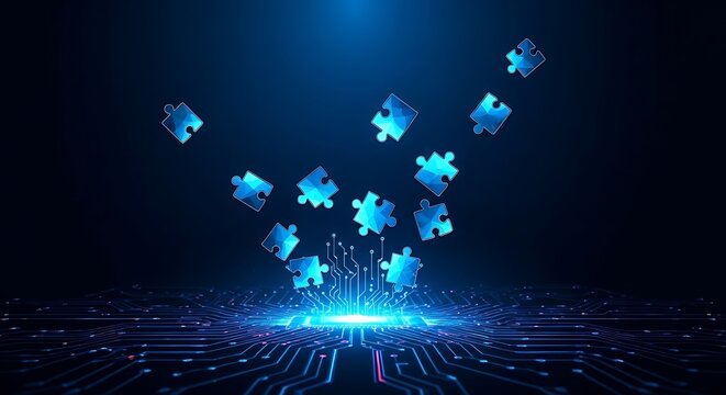 Digital puzzle integration on a circuit board symbolizing technological solutions and connectivity
