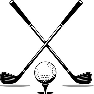 A minimalist black and white logo design featuring two crossed golf clubs intersecting at their shafts.