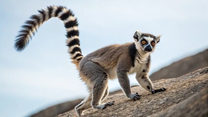 Fototapeta premium Close Up of Ring Tailed Lemur with Striped Tail in Natural Wildlife Habitat
