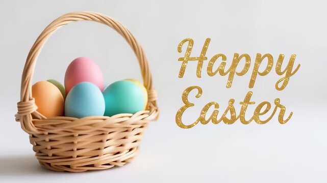 Colorful Easter eggs in wicker basket with Happy Easter text
