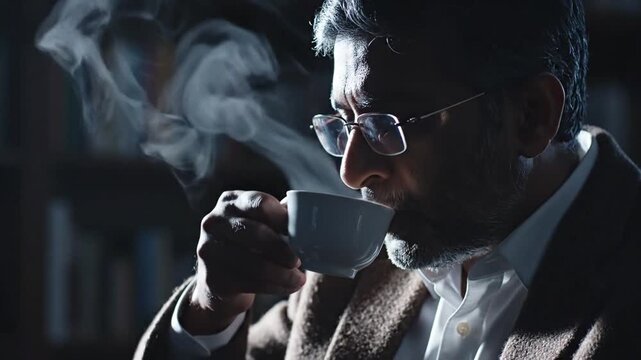 Thoughtful Man Enjoying Hot Drink in Dimly Lit Room