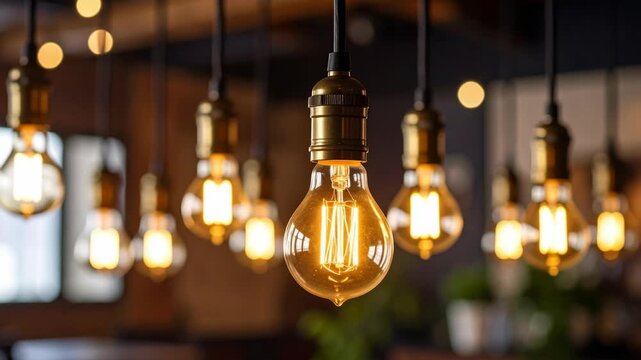 Group of glowing Edison filament light bulbs hanging from dark cords with soft bokeh background