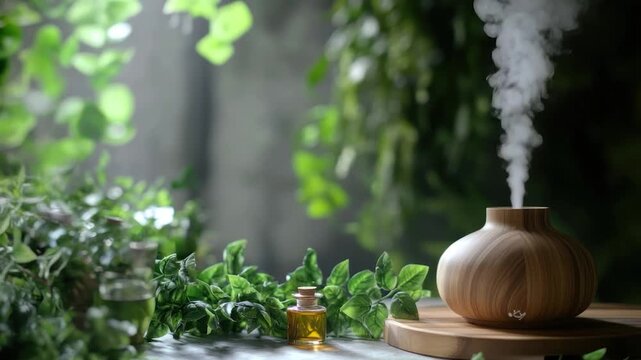 A wooden essential oil diffuser emits steam against a backdrop of lush green foliage and light