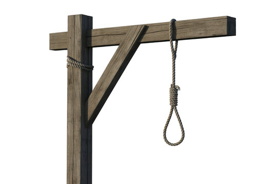 Close up of a weathered wooden gallows structure with a hanging noose isolated on transparent background