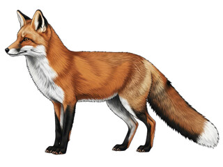 Obraz premium Realistic fox with orange fur white chest and bushy tail standing on a plain transparent background for wildlife or animal themes