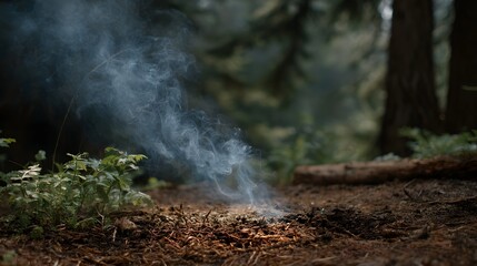 Obraz premium Wisps of smoke drift upwards from a forest floor in a tranquil woodland setting
