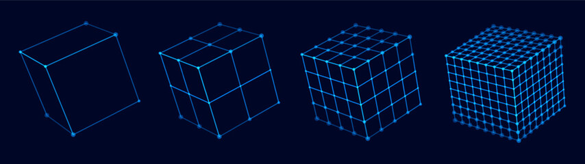 Wireframe Cubes Grid. Connection Structure. Futuristic Digital Technology HUD Hologram Objects. Vector Illustration. 