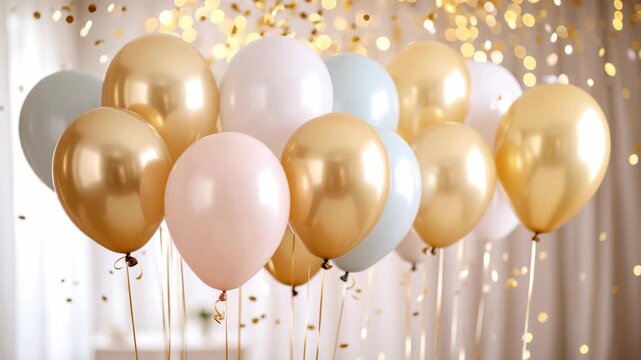 Elegant gold and pastel balloons float with confetti and bokeh lights