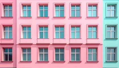 Obraz premium Perfectly symmetrical front-on flat photograph of a whimsical building facade with playful architectural details. Semi-realistic scene emphasizing balance, color, and imaginative design. 