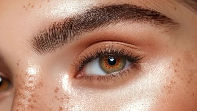 Close-up of a closed eye and eyebrow with freckled skin, showing smooth, wet texture