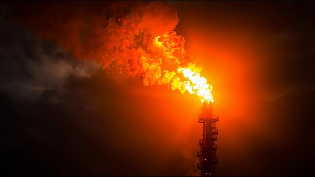 Flame Flare Stack at Refinery Roaring Orange During Night With Glowing Light and Smoke Rising From Structure