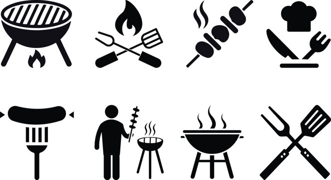 BBQ grill icon set. Barbecue, bar-b-q, spatula, grill fork, picnic, fire - stock vector.Barbecue grill silhouette set isolated on white background. Black-white elements for design. Stock vector 