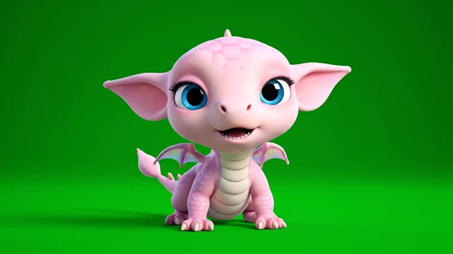 A pink cartoon dragon with large blue eyes and wings against a green background with a whimsical feel.
