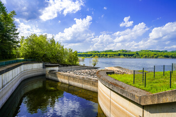 Fototapeta premium View of the landscape at the Große Dhünn reservoir. Nature in the Bergisches Land region near Wermelskirchen and Bergisch Gladbach. 