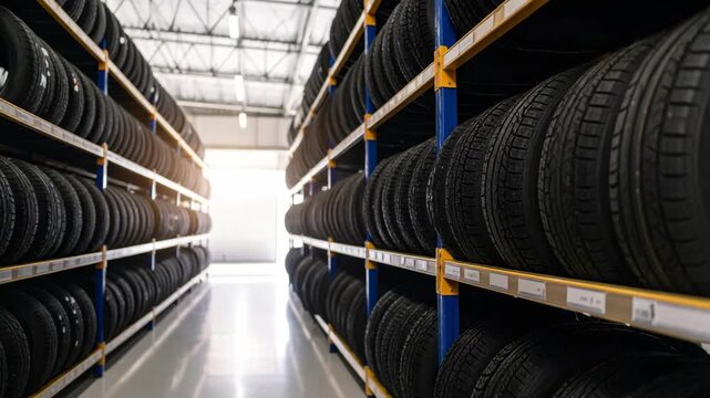Rows of new car tires neatly stacked on shelves in a warehouse storage facility
