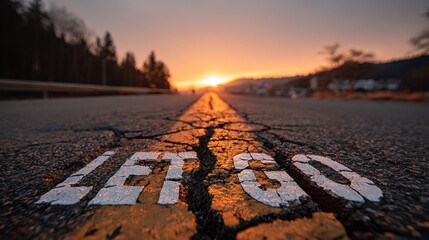 Naklejka premium Inspirational Asphalt Road Leading to Sunrise with Let's Go Painted on Surface