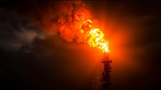 Flame Flare Stack Burns Bright at Refinery Site Under Dark Sky During Nighttime Operation