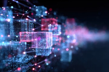 Obraz premium Blockchain transaction visualization with digital cubes and glowing connections