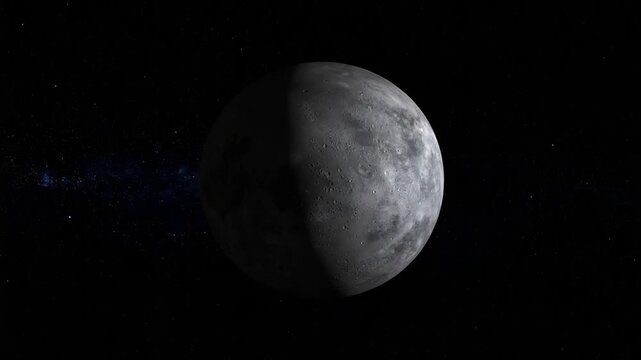Detailed view of a moon with craters and terminator line against starry space