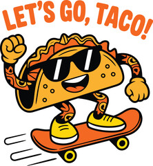 Animated taco with sunglasses and arms flexing on a skateboard