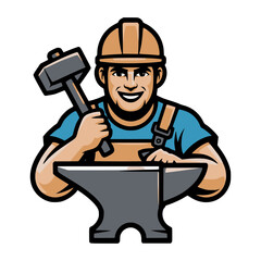 The Skilled Blacksmith: A confident blacksmith, ready for action, poised beside an anvil holding a hammer. The man embodies the strength and precision of the craftsmanship