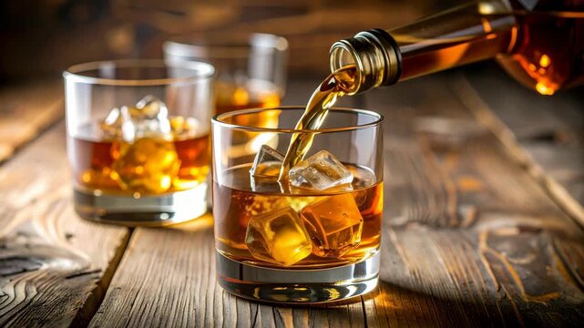 Amber colored spirit being poured into a glass with ice cubes on a wooden table