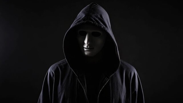 Mysterious person wearing a blank white mask and hooded jacket in dark shadows