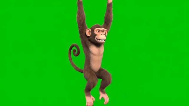 A cartoon monkey hanging with arms raised against a bright green background.