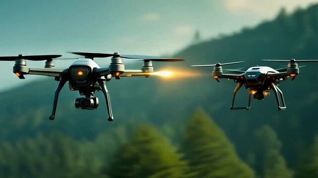 The Jammer Pulse: Drones circling in mid-air duel, micro-jammer burst effect, 8K ultra-detailed seamless loop