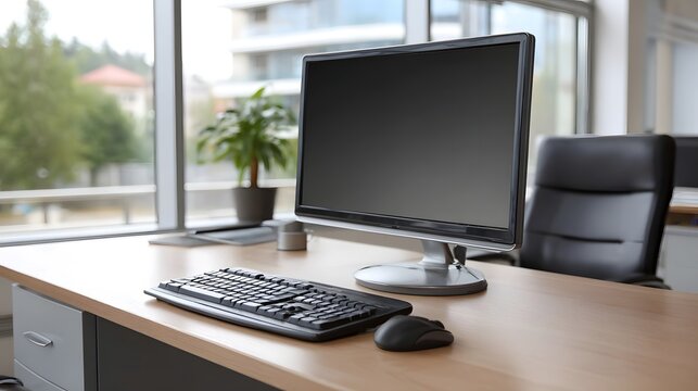 A modern office workstation featuring a computer monitor keyboard and mouse on a wooden desk near a large window