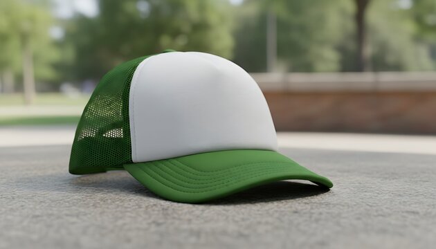 Blank green and white trucker hat mockup on stone surface outdoors