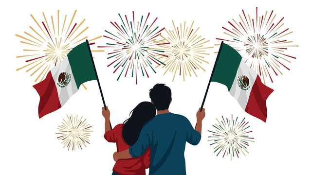 Illustration of a couple holding Mexican flags with fireworks in the background celebrating a festive event.