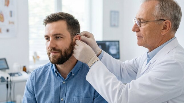 Doctor Fitting Hearing Aid for Patient
