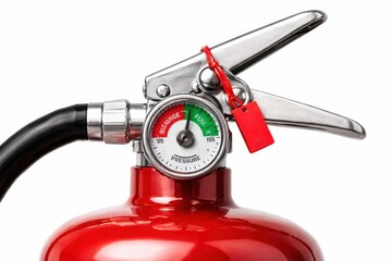 Extreme macro fire extinguisher pressure gauge and safety pin with tamper seal studio photo isolated on white background